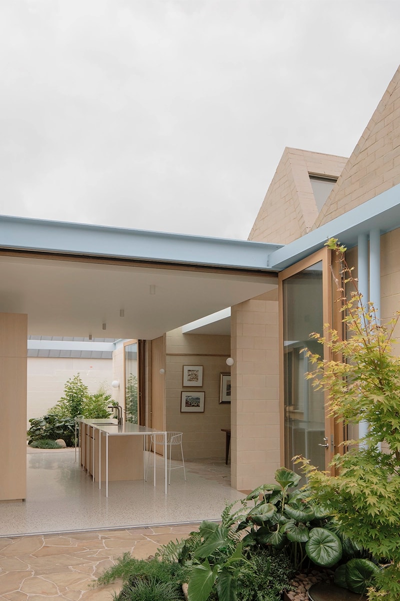 A planted courtyard framed by pale brick walls, blue steel beams, timber-framed glazing, and an open kitchen