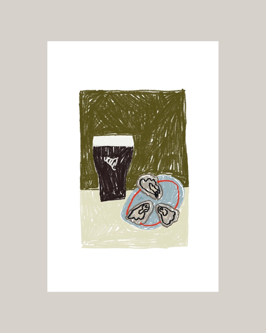 Illustration of a dark pint beside oysters on a plate